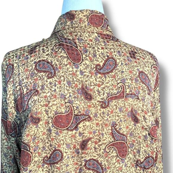 Vintage 90s Top Tan Burgundy Silk Paisley Button Front Long Sleeve Dark Floral 6 - Picture 4 of 11